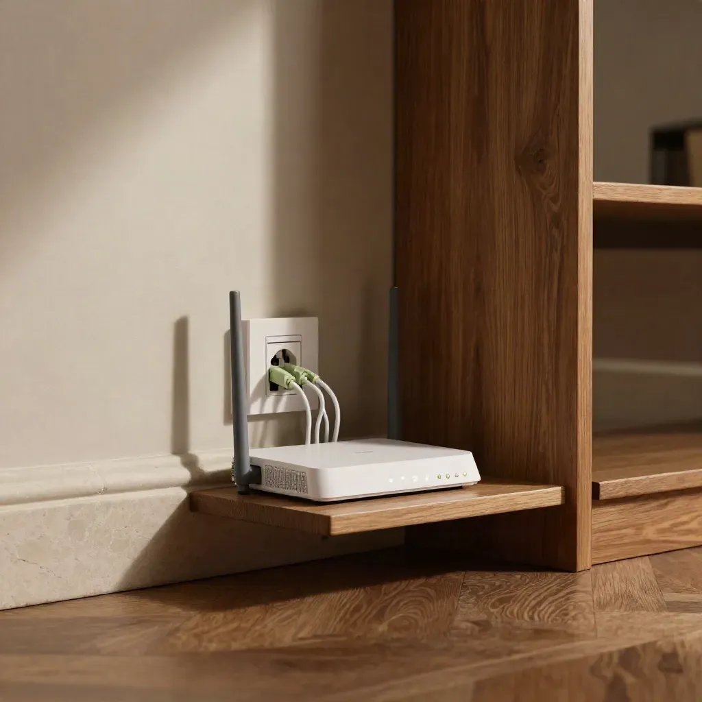 Router fibra e ONT accesi in un angolo domestico, ripresi dal basso con luce drammatica.