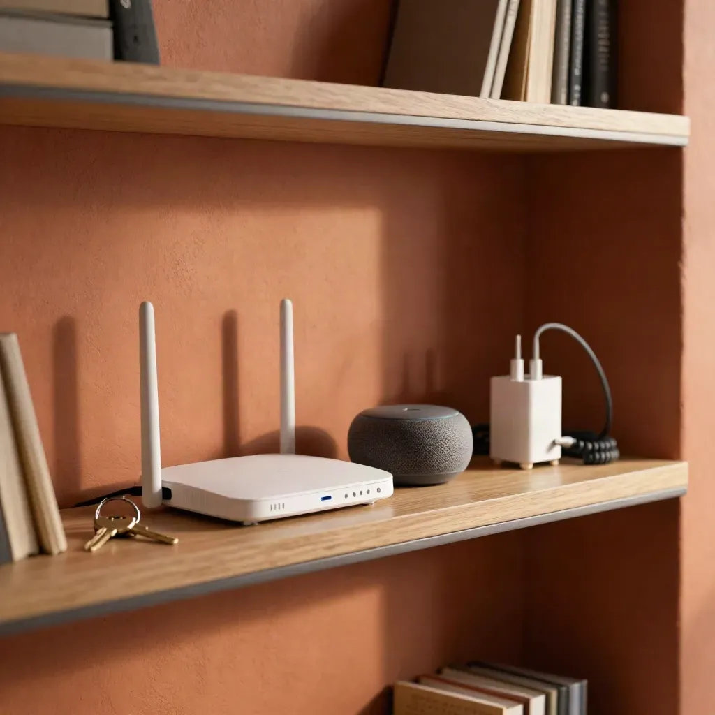 Mensola domestica con modem, speaker spento, hub, caricatore e chiavi servizio in luce calda.