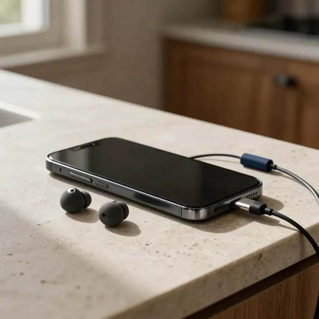Smartphone spento, vassoio SIM, pin e cavo su pietra chiara con luce naturale calda