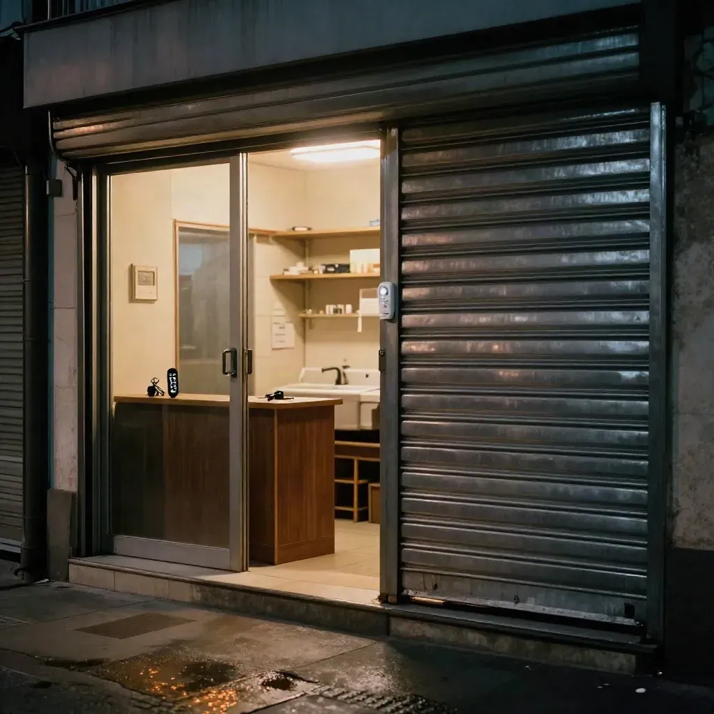 Negozio di quartiere chiuso con serranda, allarme discreto e chiavi sul banco illuminate