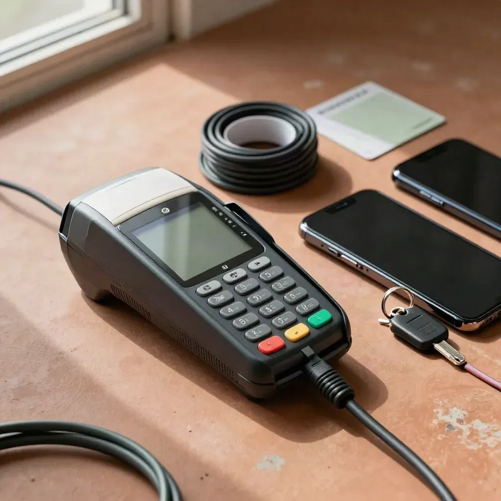 Terminale POS, chiavi elettroniche e smartphone chiusi su superficie terracotta.