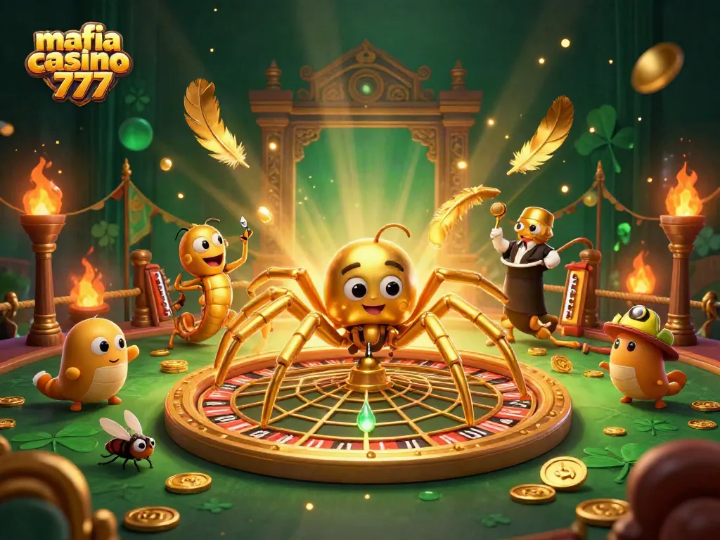 Engage at mafia casino 777 with a 3D illustration of a spider and croupier spinning a roulette web.